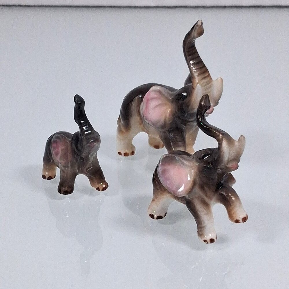 Vintage Bone China Miniature Elephant Family of Three Momma And 2 Babies